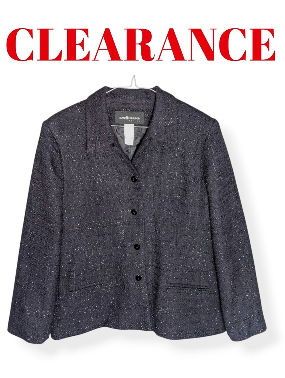 Sag Harbor Vintage Petite Black Metallic Tweed Blazer Classic Jacket Plus Size